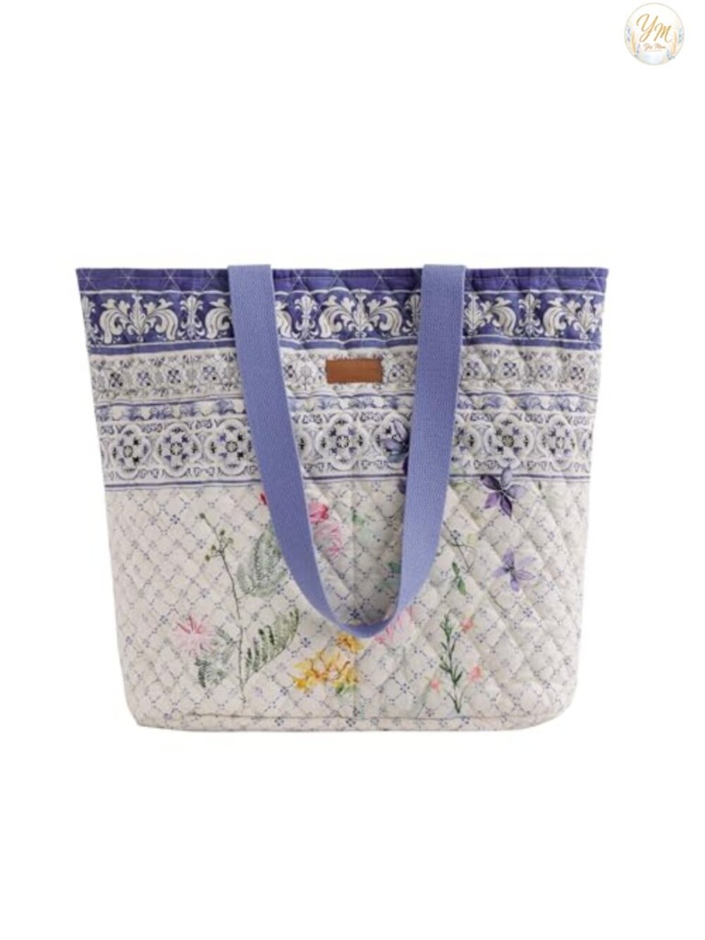 Cotton Quilted Tote Bag with Zipper Pockets, Magnetic Closure, Removable Pouch
